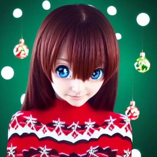 Image similar to anime girl wearing a christmas jumper cartoon highly detailed, smooth, sharp focus