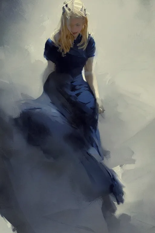 Prompt: an epic painting of a beautiful blonde wearing a navy blue dress, ornate, volumetric shading, by Greg Rutkowski and Jeremy Mann