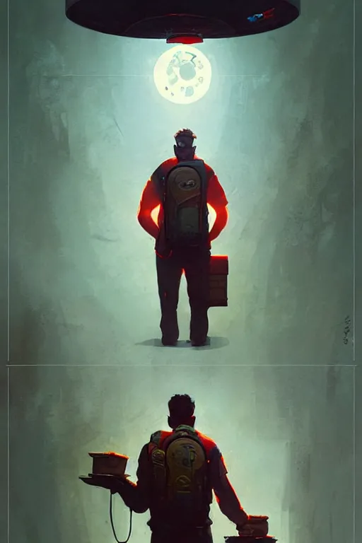 Image similar to greg rutkowski poster sci fi pizza delivery man