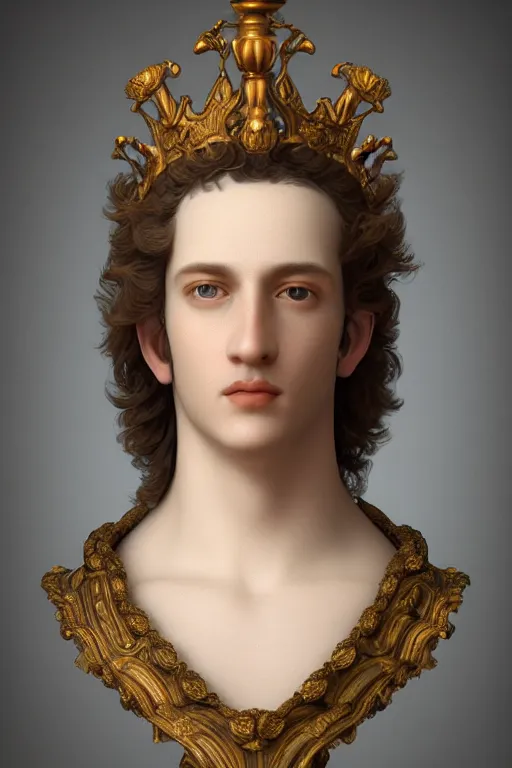 Image similar to a realistic porcelain full-head rococo style bust of handsome young Spanish prince a faded style haircut and a crown made of colored pipecleaners, suspended in outer space, photorealism, octane render, depth of field, 8k, 35mm, artgem, Trending on artstation