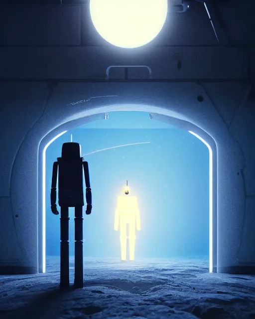 Image similar to a robot standing in front of a glowy open door that's on a barren moon, poster art by mike winkelmann, trending on cg society, space art, sci - fi, ue 5, futuristic, volumetric lighting, light casting onto the ground, neat composition and camera angle