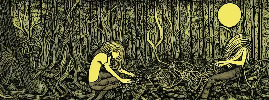 Image similar to a grunge technogaianist long-haired blonde digital musician playing modular synthesizer in the forest, technology and nature swirling in harmony, postmodern surrealist concert poster, grainy, hand drawn matte poster by Tara McPherson and Gary Houston, smooth, sharp focus, extremely detailed.