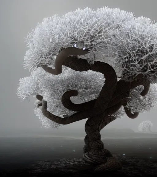 Image similar to surreal white tree made of snakes, ancient and futuristic in the desert, foggy sky, dark night, octane render, unreal engine, pale colors, high detail, 8 k, wide angle, trending on artstation, behance