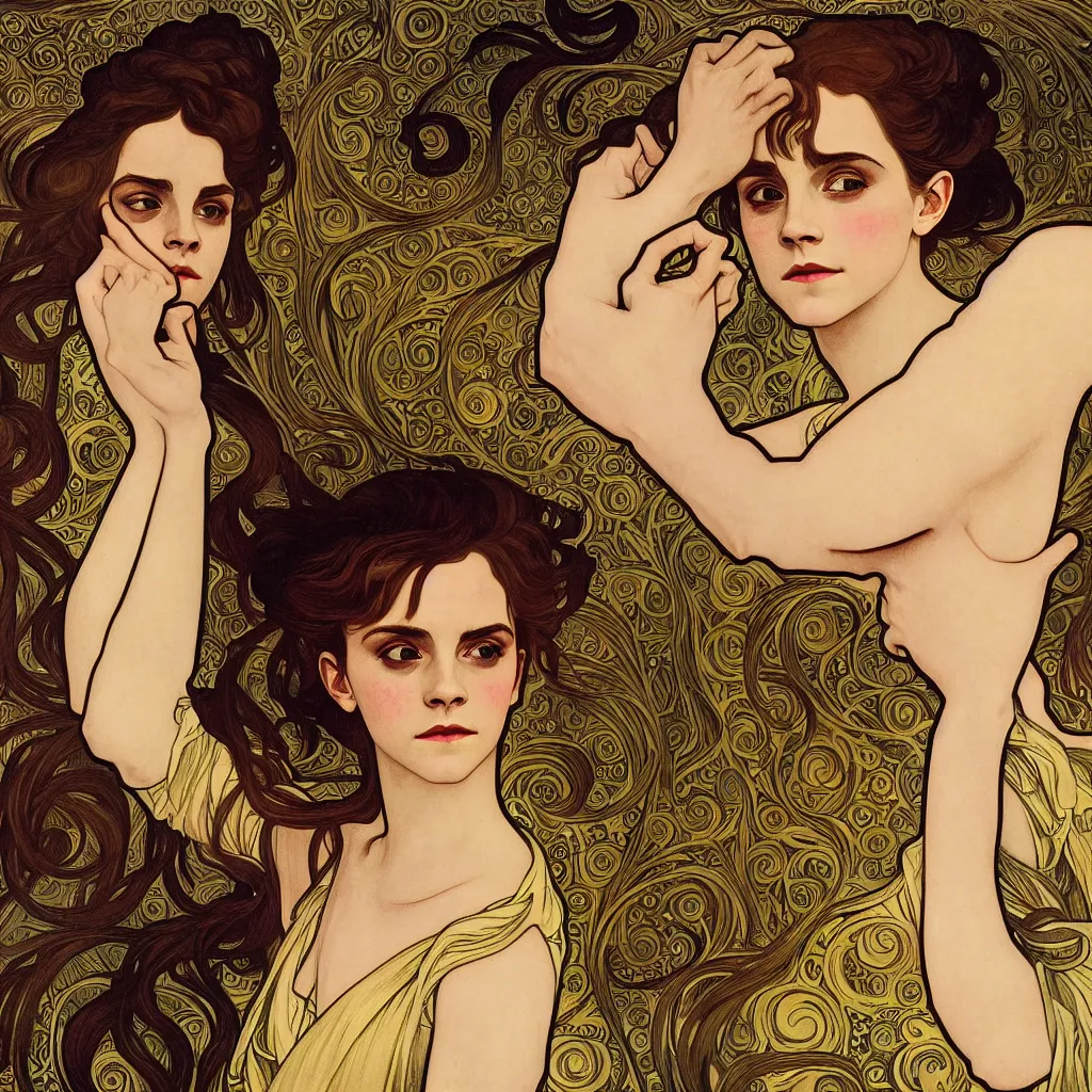 Prompt: Emma Watson from The Blinding Ring (2013) made with a combination of the art styles of Alphonse Mucha and Gustav Klimt. Masterpiece.