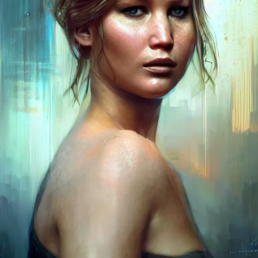 Image similar to jennifer lawrence, hyperrealistic portrait, bladerunner street, art of elysium by jeremy mann and alphonse mucha, fantasy art, photo realistic, dynamic lighting, artstation, poster, volumetric lighting, very detailed face, 4 k, award winning