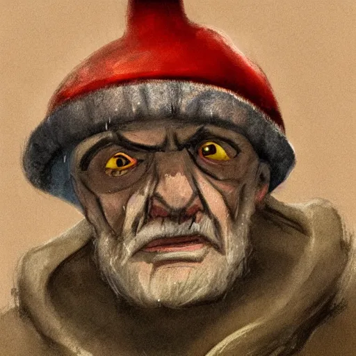 Prompt: an angry, grimy, dirty, grumpy [ old ], miner elf ( with red hat and a glowing latern ) in a pitch black mine, looks into the camera. angry kubrick stare, low key lighting, high contrast, faux painting, fairy tale illustration, character concept art by katalin szegedi, merlin ( 1 9 9 8 )