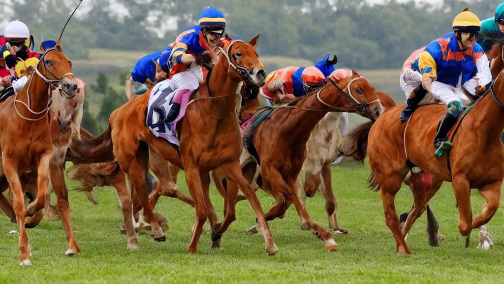 Image similar to a horse race with bengal cats as jockeys, colorful