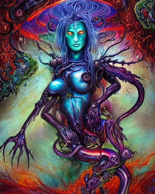 Image similar to silver mechanical charred bloody fleshmetal cyborg daemonhost woman psychedelic flamer of tzeentch, blue and green rainbow fire, by antonio j. manzanedo, alex grey, android jones, wayne barlowe, philippe druillet, raymond swanland, cyril rolando, josephine wall, harumi hironaka, cronenburg, trending on artstation