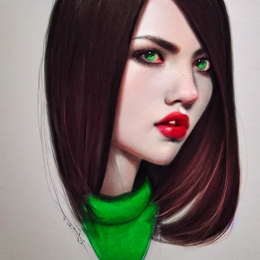 Prompt: a realistic illustration portrait of a beautiful cute girl with wavy black red hair, a pointy nose and, round chin black eyeliner, green eyes, trending on artstation, hyper - realistic lighting, intricate