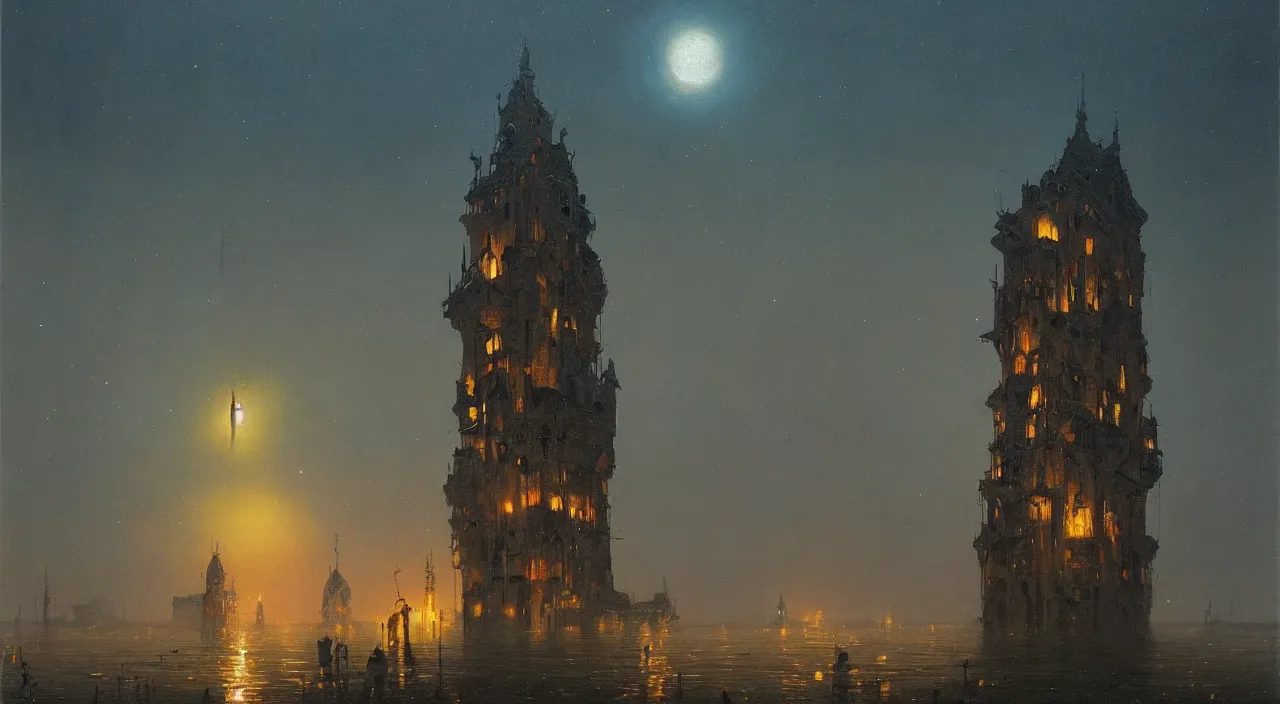 Prompt: an oil painting of a flooded tower at night on a deserted planet by carl spitzweg jan van eyck simon stalenhag beksinski, clear sky, full-length view, baroque element, highly detailed, vibrant colors, extremely high contrast!, symmetry, great composition, high detail, cinematic lighting, masterpiece, trending on artstation, 8k