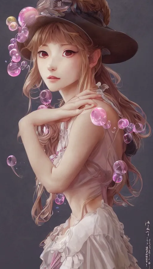 Image similar to portrait of kirisame marisa, touhou, dreamy and ethereal, expressive pose, big pink eyes, peaceful expression, ornate frilly dress, fantasy, intricate, elegant, many rainbow bubbles, rose tones, highly detailed, digital painting, artstation, concept art, smooth, sharp focus, illustration, art by artgerm and greg rutkowski and alphonse mucha