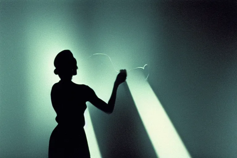 Image similar to backlit photograph of black box pouring energy into suburban room, silhouetted figure, crisp focus, 3 5 mm ektachrome