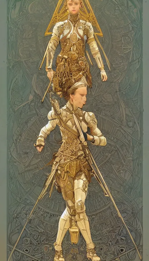 Image similar to a soldier in full armor, highly detailed, very intricate, art nouveau, gold filigree, left right symmetry, tarot concept art watercolor illustration by mandy jurgens and alphonse mucha and alena aenami, featured on artstation