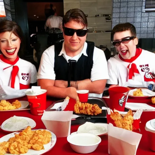 Image similar to the ghostbuster crew eating at kfc