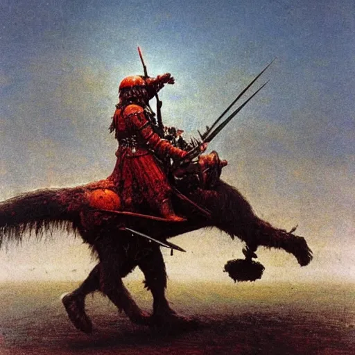 Image similar to winged hussar riding a war bear in armor, beksinski