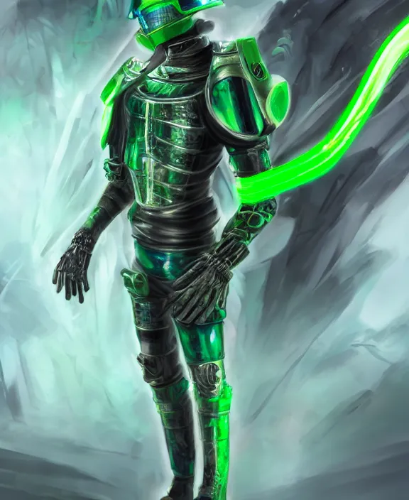 Prompt: an anime full body portrait of a masked cyborg warrior with jade green armour and a futuristic helmet with a neon jade visor by HR Giger, 4k resolution, detailed