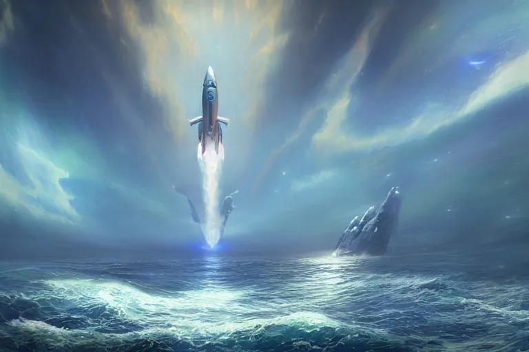 Prompt: ocean, science - fiction, rocket ship, beautiful matte painting, boris vallejo, unreal engine, artstation.