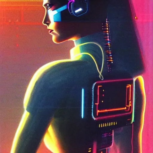 Image similar to cable plugged in, back of head, cyberpunk woman, computer, 1 9 7 9 omni magazine cover, style by vincent di fate, cyberpunk 2 0 2 0