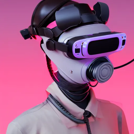 Image similar to intense futuristic bespoke vr headset respirator with long cables like dreadlocks on a set of twin ninja hypebeasts, by ilya kuvshinov and james jean and sorayama and ikeuchi and hiroya oku and gilleard james, artstation trending, 8 k, 3 d render, photorealistic, volumetric lighting caustics, pink