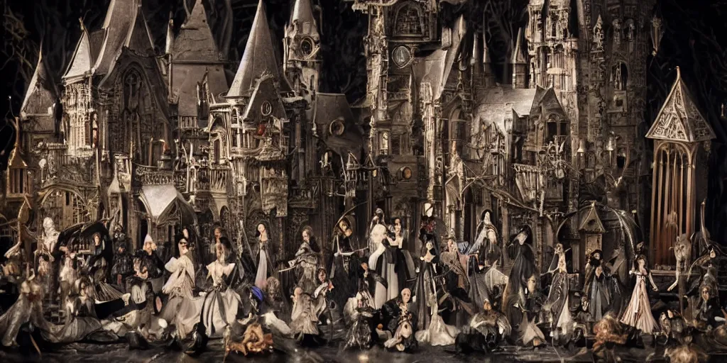 Prompt: photo taken of an epic intricate, ultra detailed, super realistic stop motion puppets of some majestic gracious regal aristocratic vampires in a gothic victorian filmset studio created by weta workshop and directed by tim burton, menacing, wide angle, full body shots, photorealistic, sharp focus, gloomy, extremely cold blueish colour temperature, 3 5 mm, f 1. 4