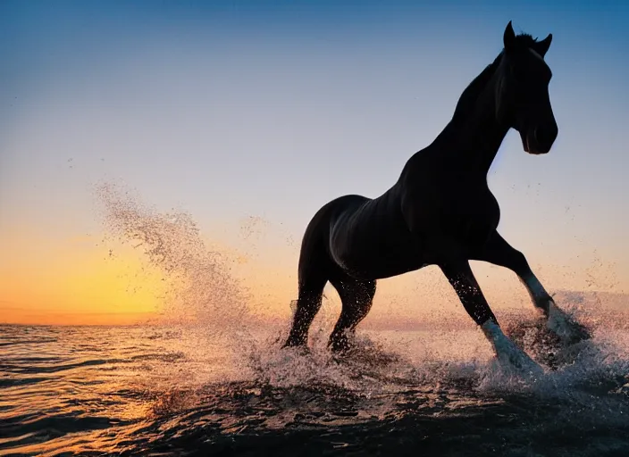 Image similar to a horse surfing at the beach before sunset in malibu, high quality photo