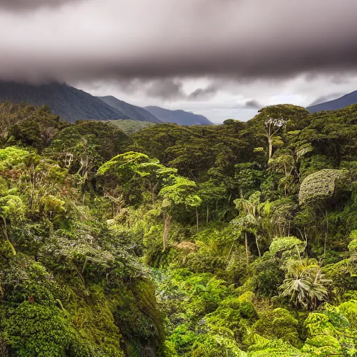 Prompt: View from a small rocky beach of a 200 meter high gorge covered in ancient New Zealand lowland Podocarp forest with vines, epiphytes and Nikau palm trees. A Moa is eating a leaf at the edge of the forest. A small river in the foreground with small brown ducks. Moody stormy day, landscape photography, sunset, 4K
