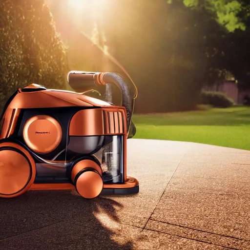 Image similar to Henry Hoover in copper armor illuminated by sun, high definition photography