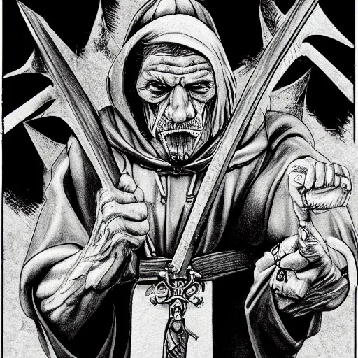 Image similar to Danny Trejo as church nun, dark fantasy, highly detailed, artstation, manga illustration by Kentaro Miura berserk