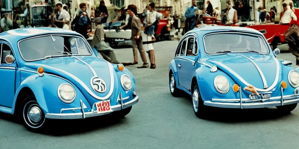 Image similar to promotion movie still of the car in'herbie'film ( 1 9 6 8 ). cinematic, 4 k, imax, 7 0 mm