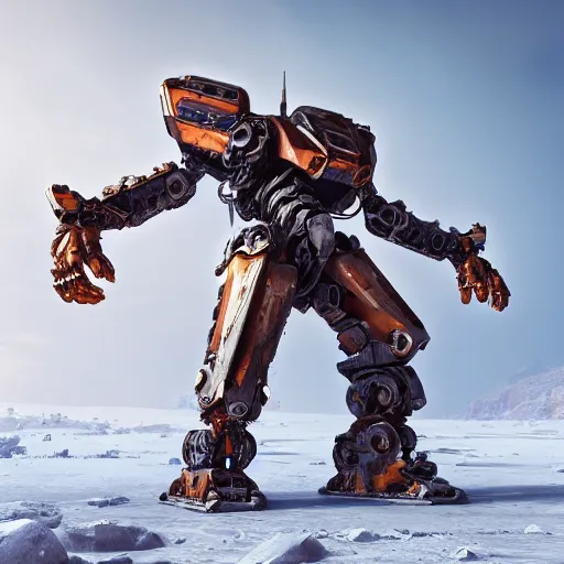 Prompt: a mech from titan fall on a frozen planet, au naturel, hyper detailed, digital art, trending in artstation, cinematic lighting, studio quality, smooth render, unreal engine 5 rendered, octane rendered, art style by klimt and nixeu and ian sprigger and wlop and krenz cushart