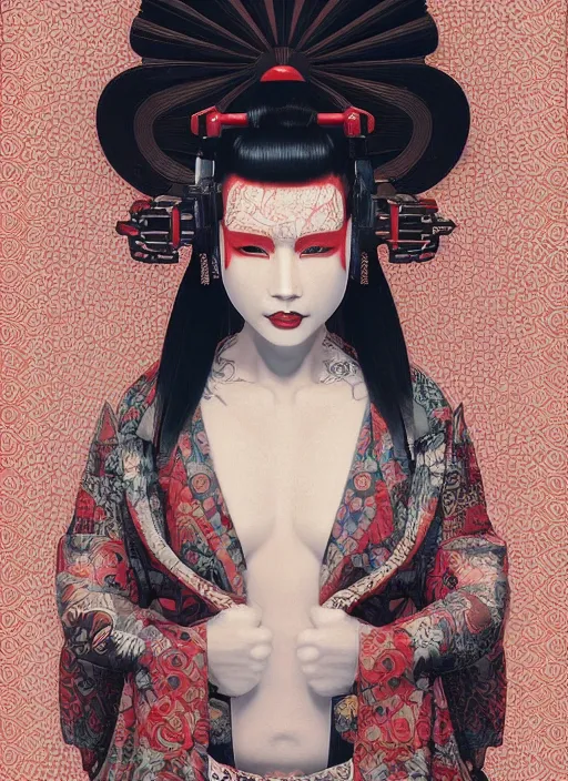 Image similar to portrait of a seductive cyberpunk geisha yakuza, imari, modern fine art, fractal, in the style of bladerunner, intricate ornaments, elegant, highly detailed, digital photography, subsurface scattering, by mc escher and greg rutkowski,