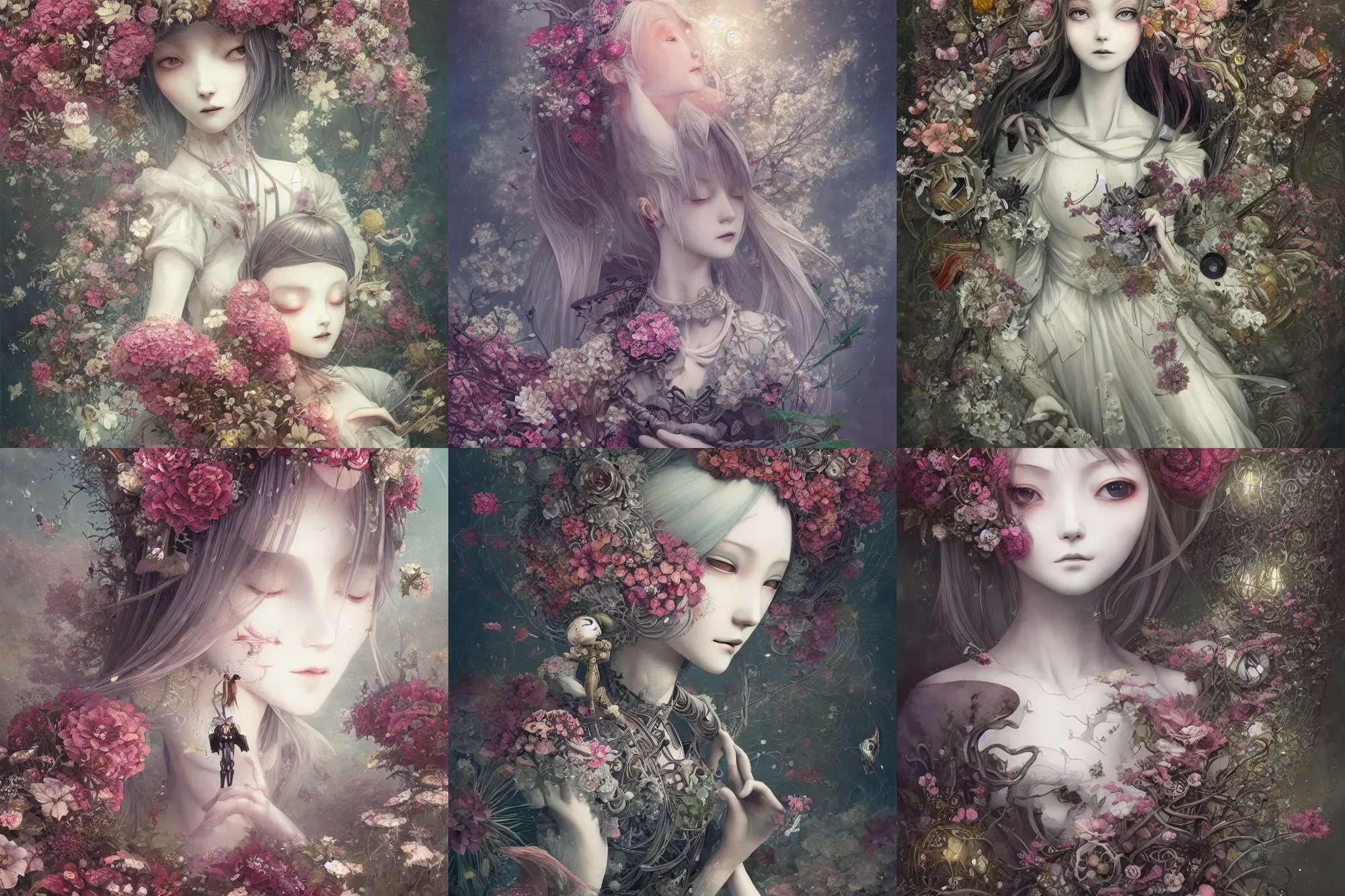 Prompt: detailed, sharp, dreaming humanoid female automata wearing gothic ornament surrounded by flowers floating in above a dystopia by Anna Dittmann, by hayao miyazaki, by WLOP, digital art, surreal, trending on artstation, anime arts, featured on Pixiv, HD, 8K, highly detailed, good lighting, beautiful, epic, masterpiece