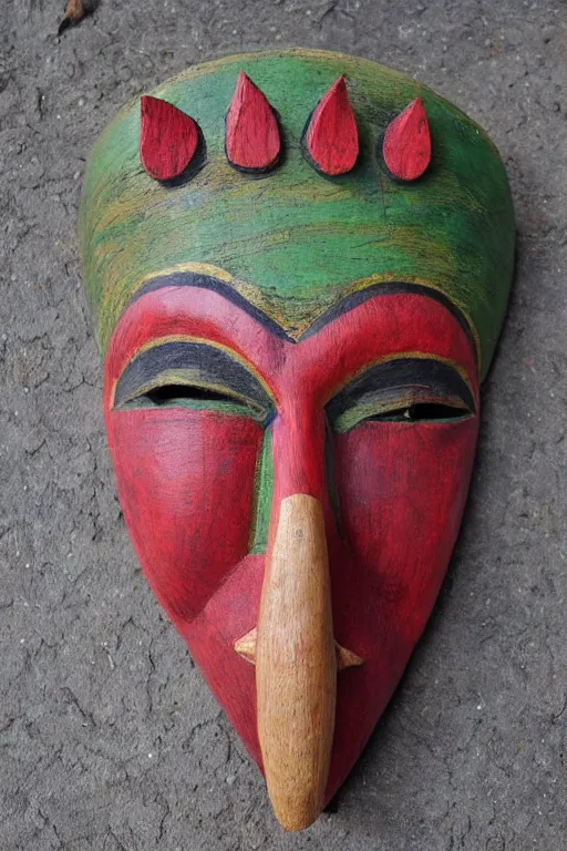 Image similar to a flat carved wooden elf mask face, brightly coloured, highly detailed, vintage folk art, colour photograph