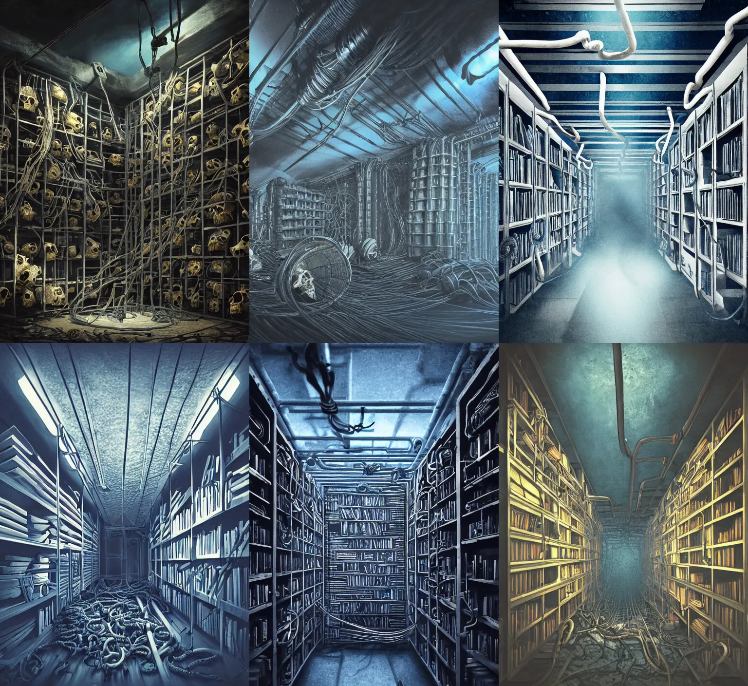 Prompt: worms eye view of a metal room with large tubes and cables coming out of a hole in the ceiling and a bookshelf filled with skulls on the back wall, blue light, dramatic lighting, moody lighting, golden ratio, rule of thirds, matte painting, concept art, illustration, environmental art, environmental design,