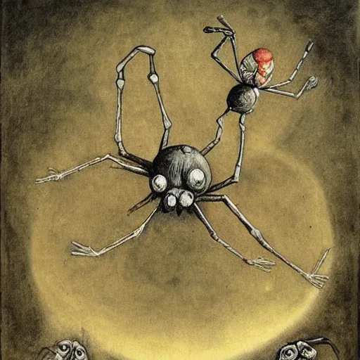 Image similar to spiders who sing and dance like children, by Hannah Hoch, by M.C.Escher, by Santiago Caruso, oil on canvas, beautiful, eerie, surreal, psychedelic