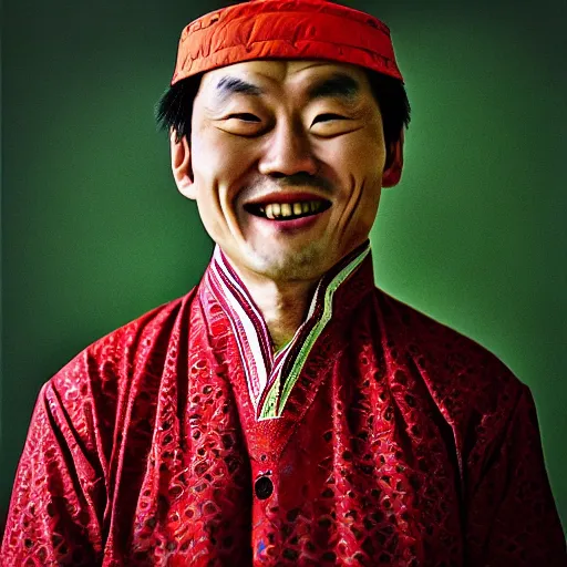 Image similar to surreal photography of smiling kim chen in. kim chen in is wearing traditional - ukrainian folk shirt designed by taras shevchenko.