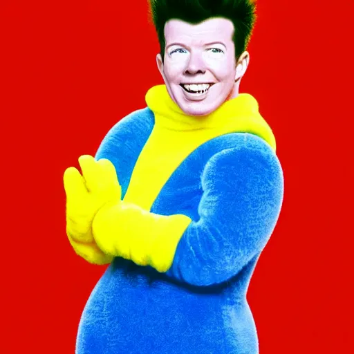 Prompt: portrait of Rick Astley as a teletubby, ultra HD, Ultra realistic, 8k