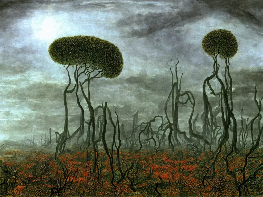 Image similar to Apocalypse with vegetation, leaves, creepers, ivy, ferns taking over the industrial metropolis, toxic, machinery, factory. Thunderstorm, autumn light. Painting by Caspar David Friedrich, Yves Tanguy