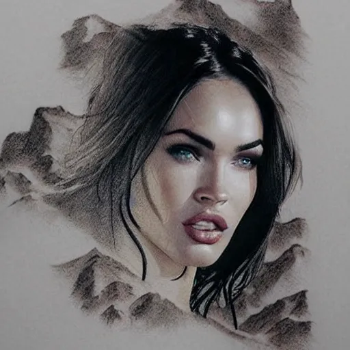 Prompt: megan fox & beautiful mountains, double exposure effect, medium sized tattoo sketch, amazing detail