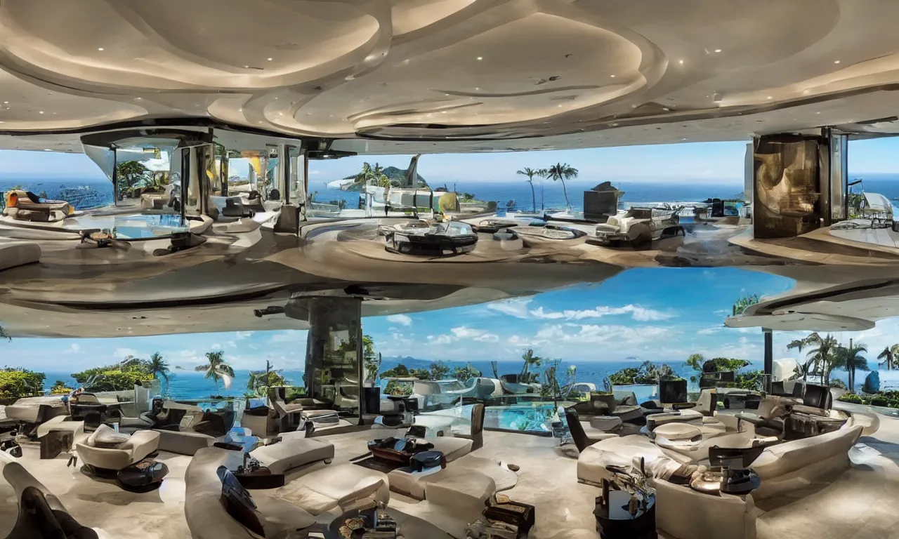 Image similar to A Luxurious Futuristic Mancave in a Billionaire's Megamansion in Puerto Vallarta