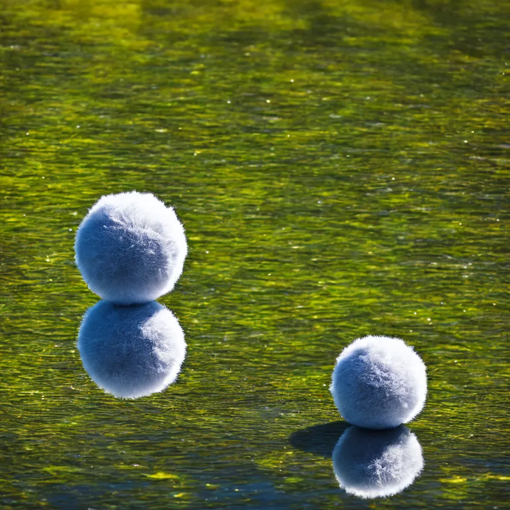 Prompt: a fuzzy orb floating on a pond, calm water, photorealistic, 4 k, detailed, reflection