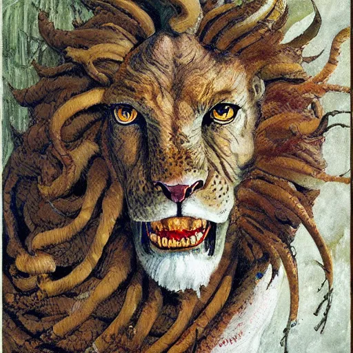 Image similar to demiurge snake snake camouflaged as a lion costume furry ears neck neck mane tall long viper national geographic tombow peter doig greg rutkowski lucian freud arsen savadov dan witz vik muniz