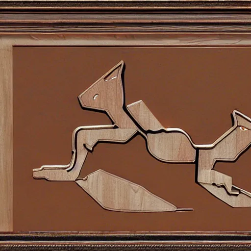 Image similar to kashmire motif of cats dissolving, made of wood, by moebius