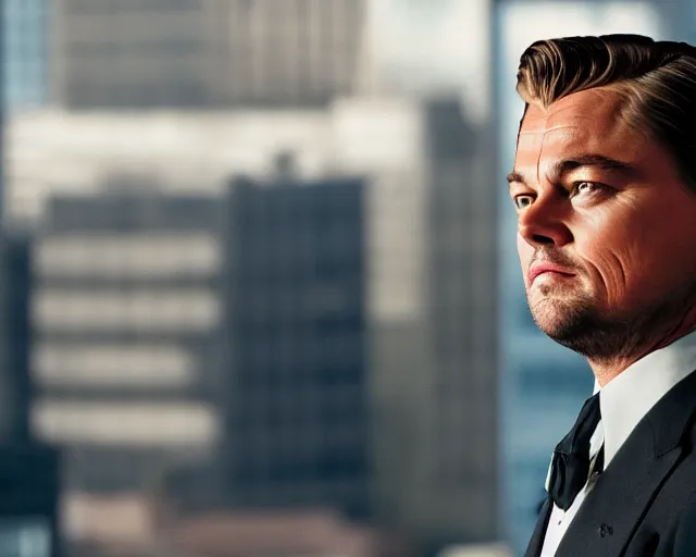 Image similar to leonardo dicaprio as the wolf of wall street, cinamtic, long shot, hyper detailed, realistic face, 8 5 mm photograph, 8 k resolution, film still, sharp lens, wide lens