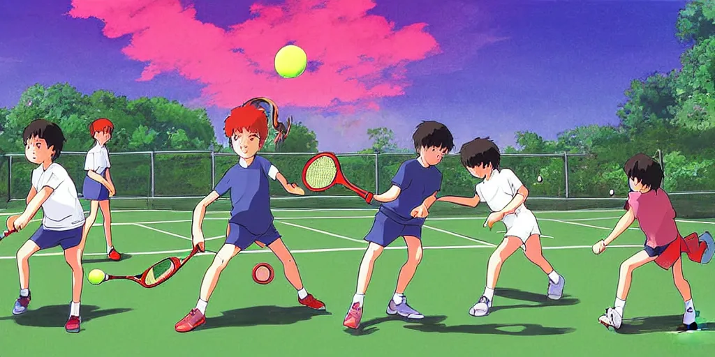 Image similar to digital art of kids playing tennis by studio ghibli