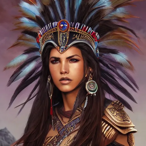 Image similar to a beautiful female aztec warrior wearing a futuristic crown of very long quetzal feathers, by riccardo federici, xin haicheng, and artgerm, with a perfect body and perfectly positioned face, strong jawline and flowing dark hair, brown eyes, fair skin, global illumination h - 7 0 4