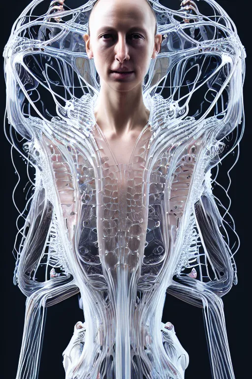 Image similar to iris van herpen, young woman beautiful face, perfect symmetrical body, full body shot, inflateble shapes, wires, tubes, veins, jellyfish, white biomechanical details, wearing epic bionic cyborg implants, masterpiece, intricate, biopunk, vogue, highly detailed, artstation, concept art, cyberpunk, octane render