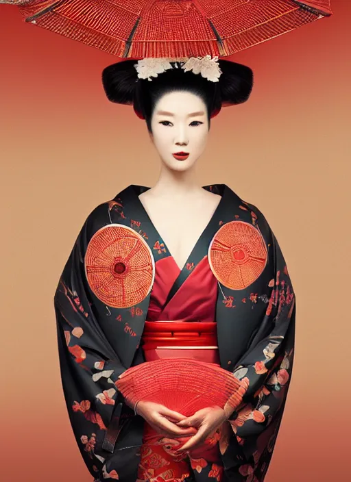 Prompt: portrait of a stylish futuristic geisha, with a red kimono with japanese golden signs written on it, kintsugi, modern fine art, fractal, intricate, elegant, highly detailed, digital photography, subsurface scattering, in the style of ghost, by jheronimus bosch and greg rutkowski,