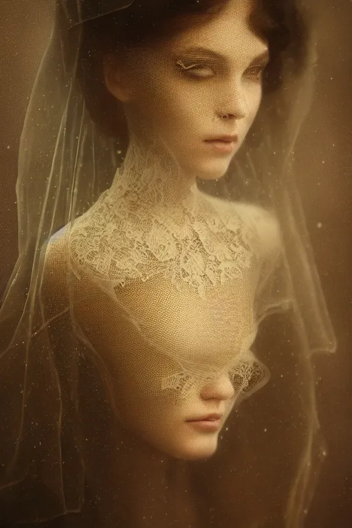 Prompt: a beautiful ultradetailed vintage photo of a veiled cyborg, by tom bagshaw and anna dittman, embroidered lace chapel veil, portrait, vignette, 3 5 mm lens, golden ratio composition, detailed face, studio photography, very detailed, humanoids, industrial robots, artstation, 8 k, highly coherent