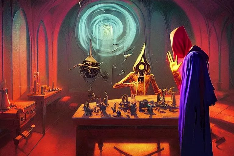 Prompt: A beautiful-masterpiece-painting of a technomancer-wizard-in-robes-with-pointed-hood discussing-sentience with his synthesized-Al-djinn in his laboratory near a computer (by Remedios Varo and Anato Finnstark and Greg Rutkowski), (dayglo pink, dayglo blue, dazzle camouflage), 8k, trending on ArtStation